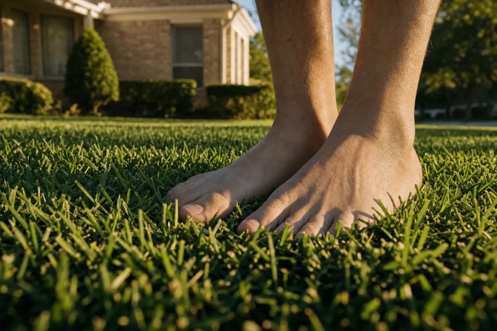 Bare feet on fresh green grass