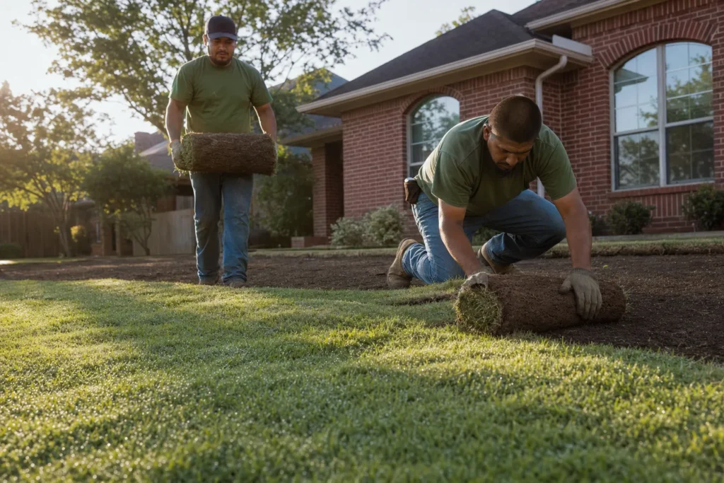 Barefoot crew laying fresh sod at a North Texas home