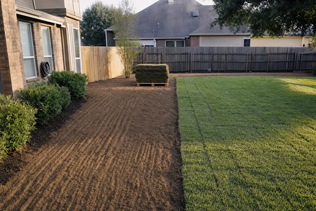 Yard mid-installation: graded soil on one side, fresh sod on the other