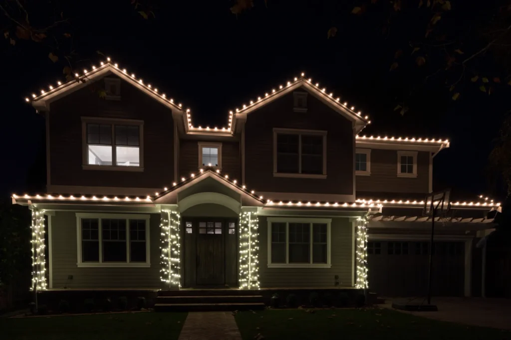 Professional Christmas light installation — warm white C9 lights outlining the rooflines and columns of a two-story home