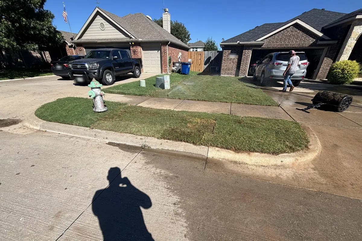 Sprinklers watering in a new sod installation in Van Alstyne, TX right after the crew finished rolling it