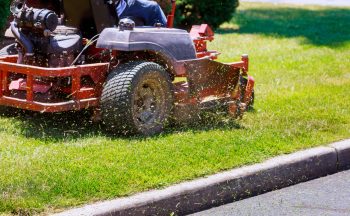 process of lawn mowing, lawnmower cutting grass with gardening tools and green grass around