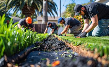 a team of people installing a synthetic grass